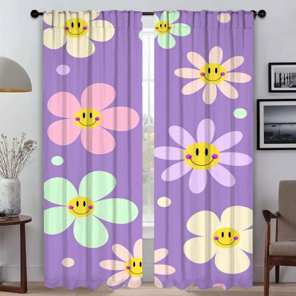 Cute Flowers Blackout Curtains 2 Pieces Window Curtain for Room 2 Panel Partition Shades Tulle for Bedroom Halloween Decoration