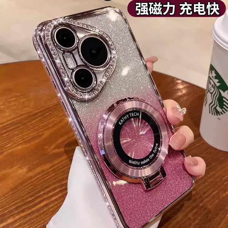 Applicable to Huawei P80pro rhinestone frame CD pattern magnetic suction bracket mobile phone case Mate80 glitter all-inclusive anti-drop cover