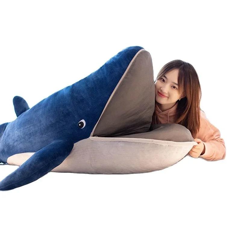 Practical Home Decor Unisex Kids Blue Whale Doll Plush Toy Soft Aquatic Animal Plushie Peluche Mouth With Zipper Sleeping Companion Kid Man Christmas Gift