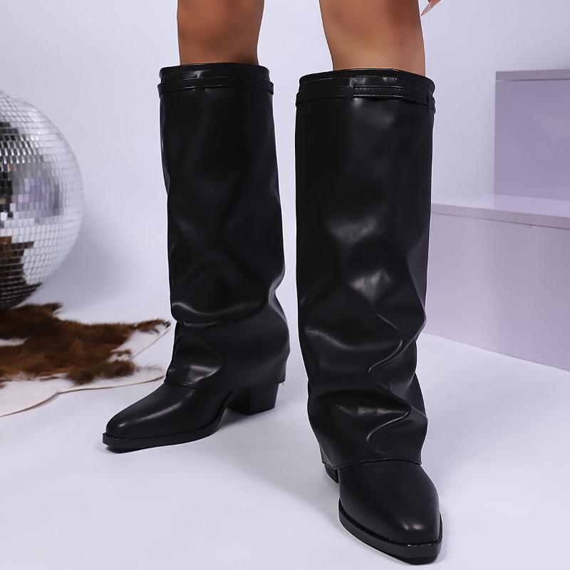 Women's Fashion Folding Knee-high Boots Winter Solid Color Non-slip Thick-soled Wide-leg PU Leather Fashion Boots Botas Mujer