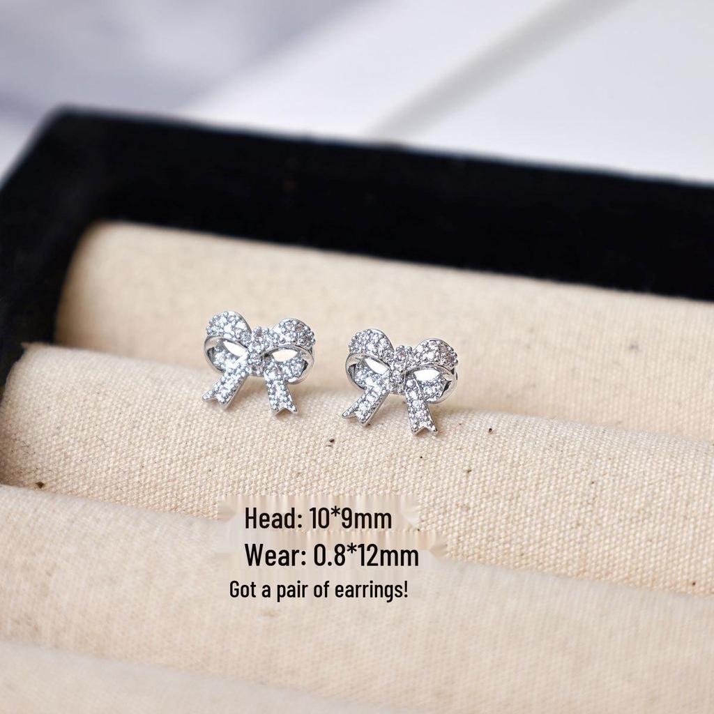 Copper-Plated Gold Bow Earrings with 925 Silver Needle and Flower Diamond Inlay for Women