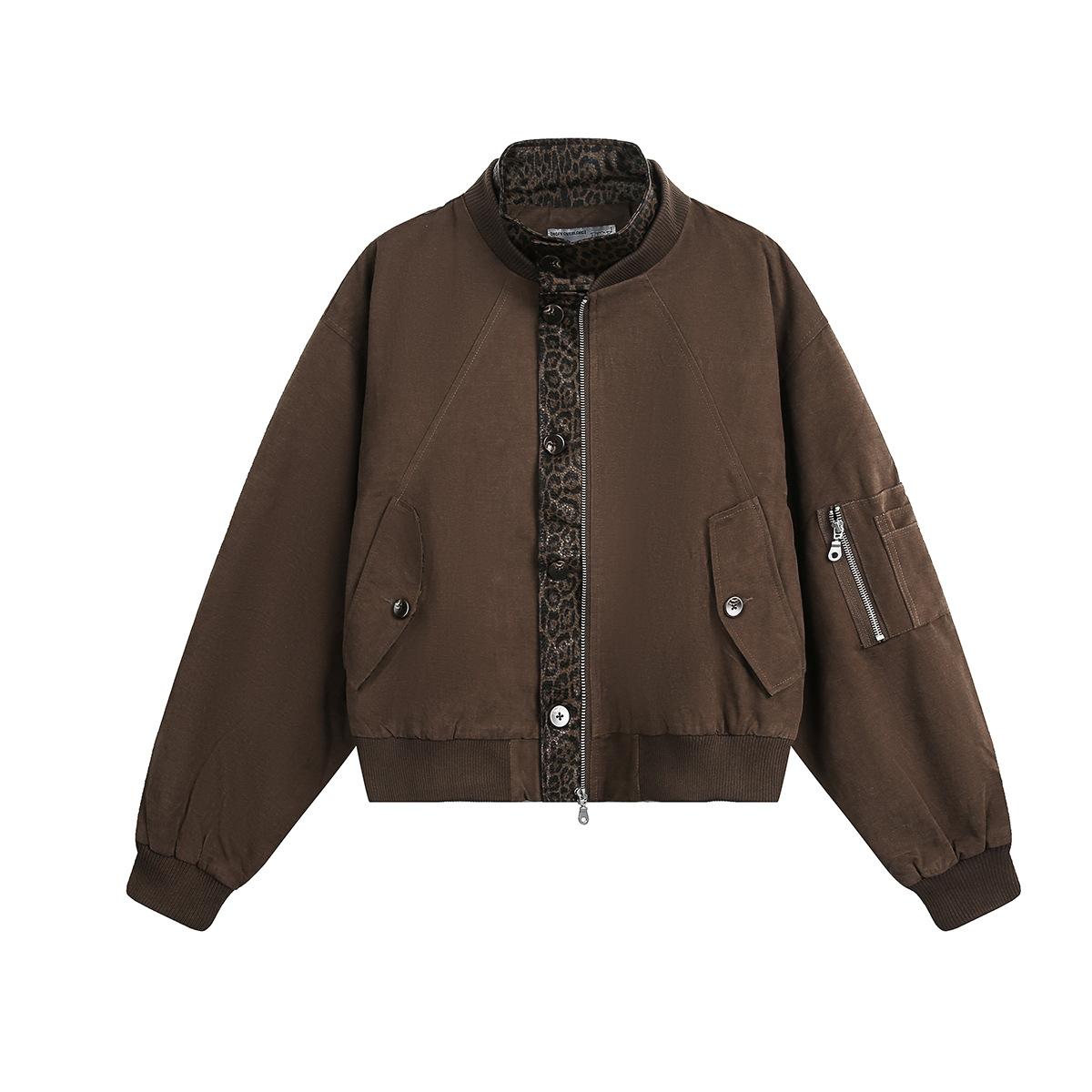Trendy brand autumn new American old money wind coat retro leopard print locomotive jacket tooling coat S