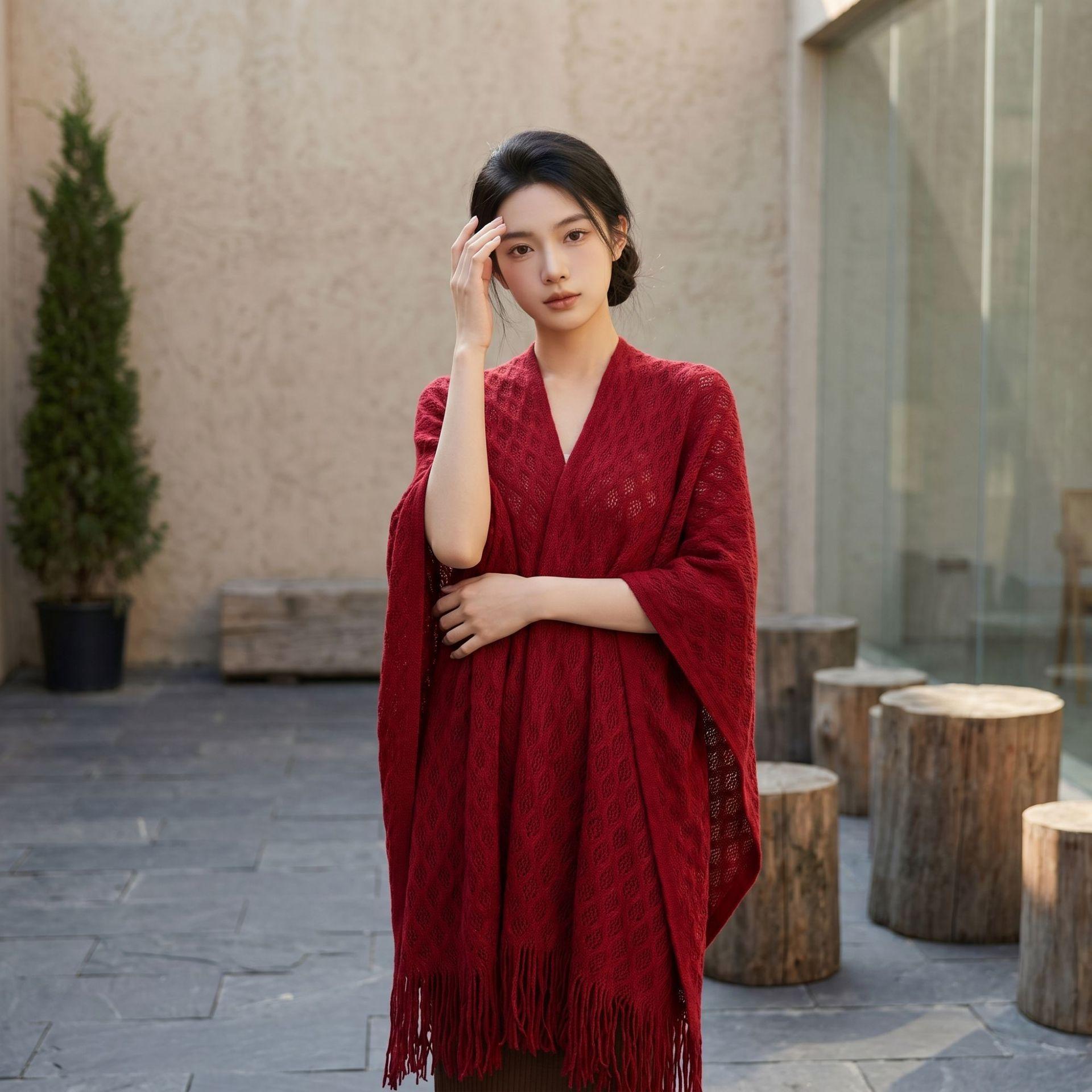 Yunnan Xinjiang red fringed shawl cheongsam shawl with decorative women s wear with ethnic style solid color cape cape 255*90