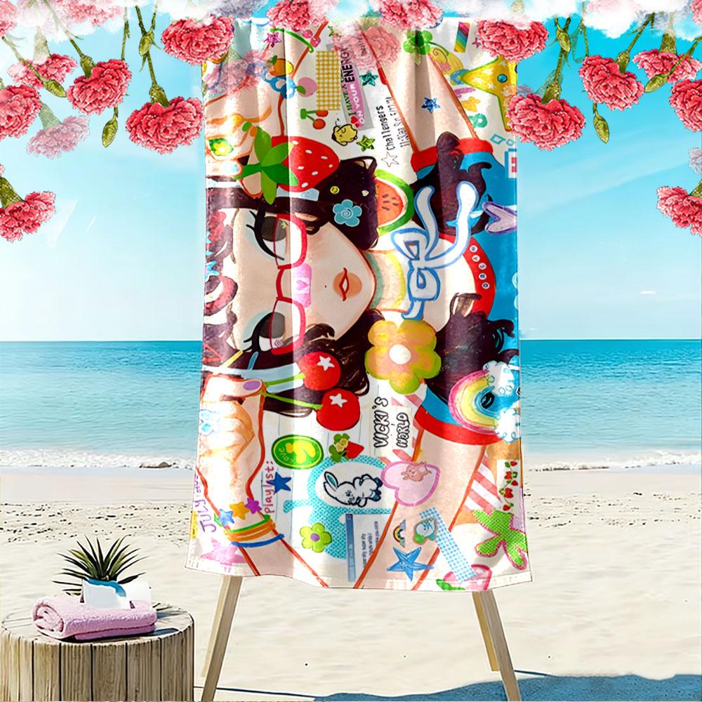 Colorful Cartoon Girl Design A must-have beach towel for beach travel