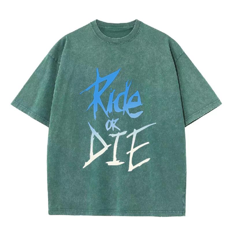 Ride Or Die Letter Print Vintage Washed T Shirt Unisex Punk Rock Casual Tee