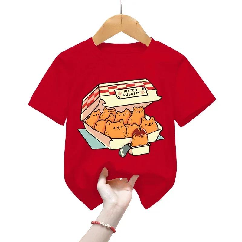 Kitten Nuggets Fast Food Cat T-Shirt Meninas Camisetas Moda Infantil Camisetas Engraçadas Gato Gráfico Tops Desenhos Animados Meninos Camisas Roupas