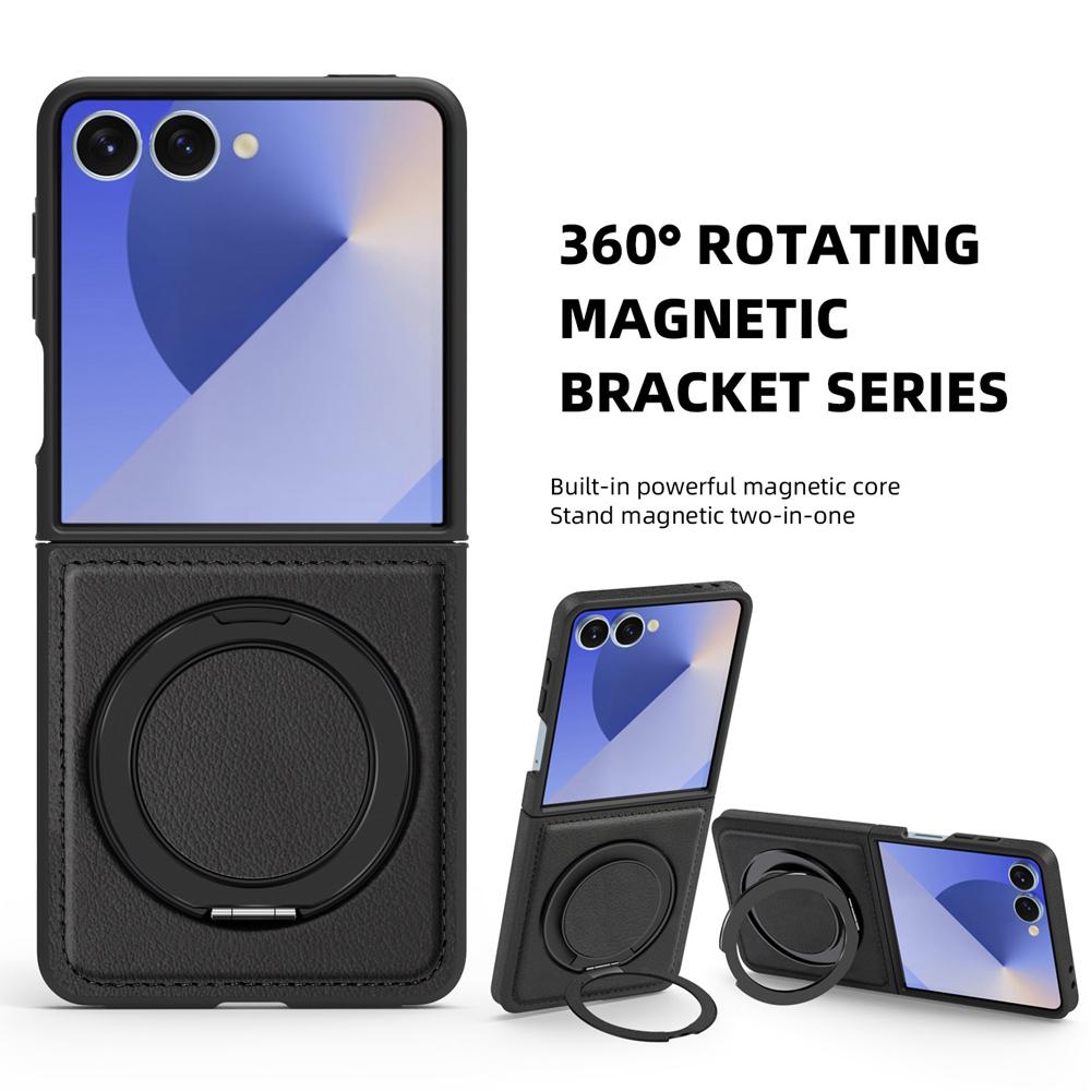 KEYSION 360° Rotating Magnetic Ring Stand PU Leather Case for MagSafe for Samsung Z Flip 7 5G 7 SE Wireless Charging Phone Cover