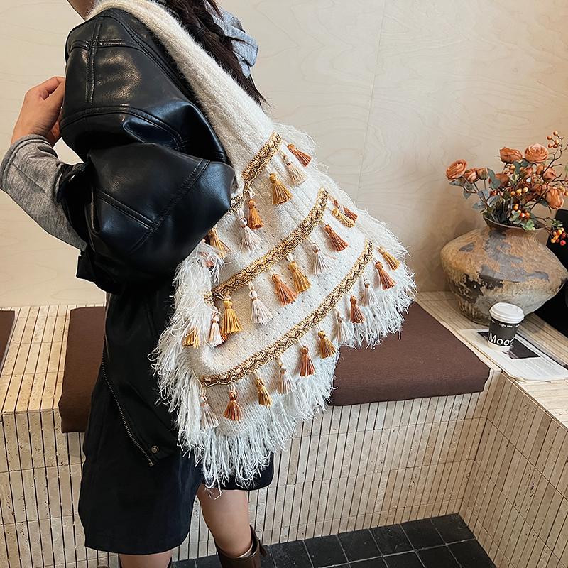 Knit Tassels Hobo Bags Bohemian Underarm Bag Ethnic Style Tote Bags for Women Work Shopping Travel Daily