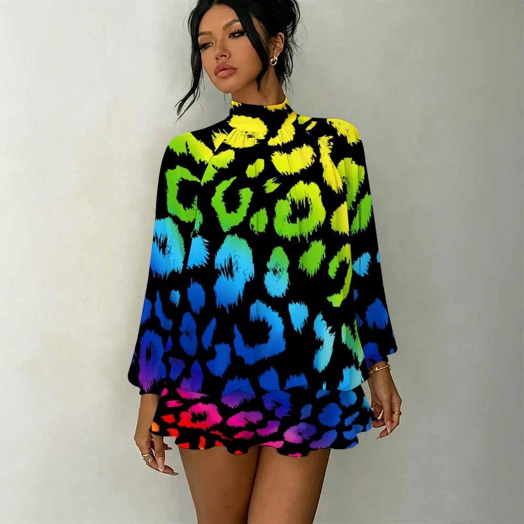 Women's 3D Neon Swirl Marbling Print Mock Neck Long Sleeve Dress, Raglan Sleeve Fake Two Piece Mini Dress
