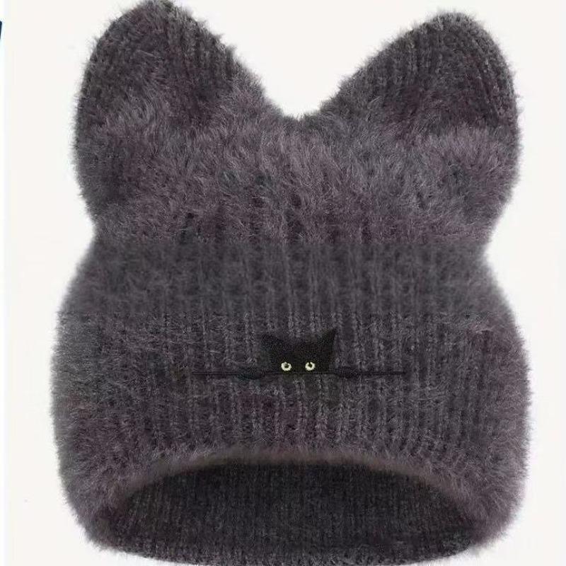 Soft Knitted Cat Ear Embroidered Hat Women Winter Warm Cartoon Hat Outdoor Snow Pullover Hats