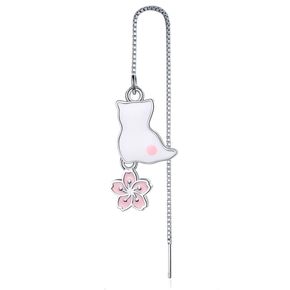 Long Flower Cat Earrings Temperament Sweet Strawberry Crystal Earrings Asymmetrical Tassel Cherry Blossom Kitten Earrings