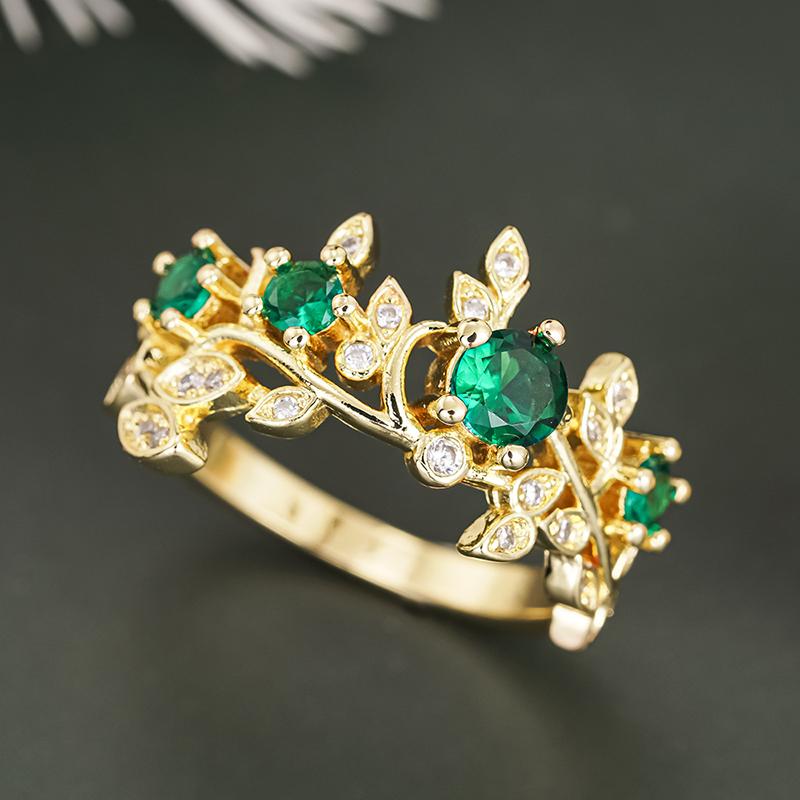 Huitan Elegant Women Gold Color Ring Aesthetic Leaves Design Party Fresh Style Wedding Accessories Jewelry Inlaid Shiny Green CZ