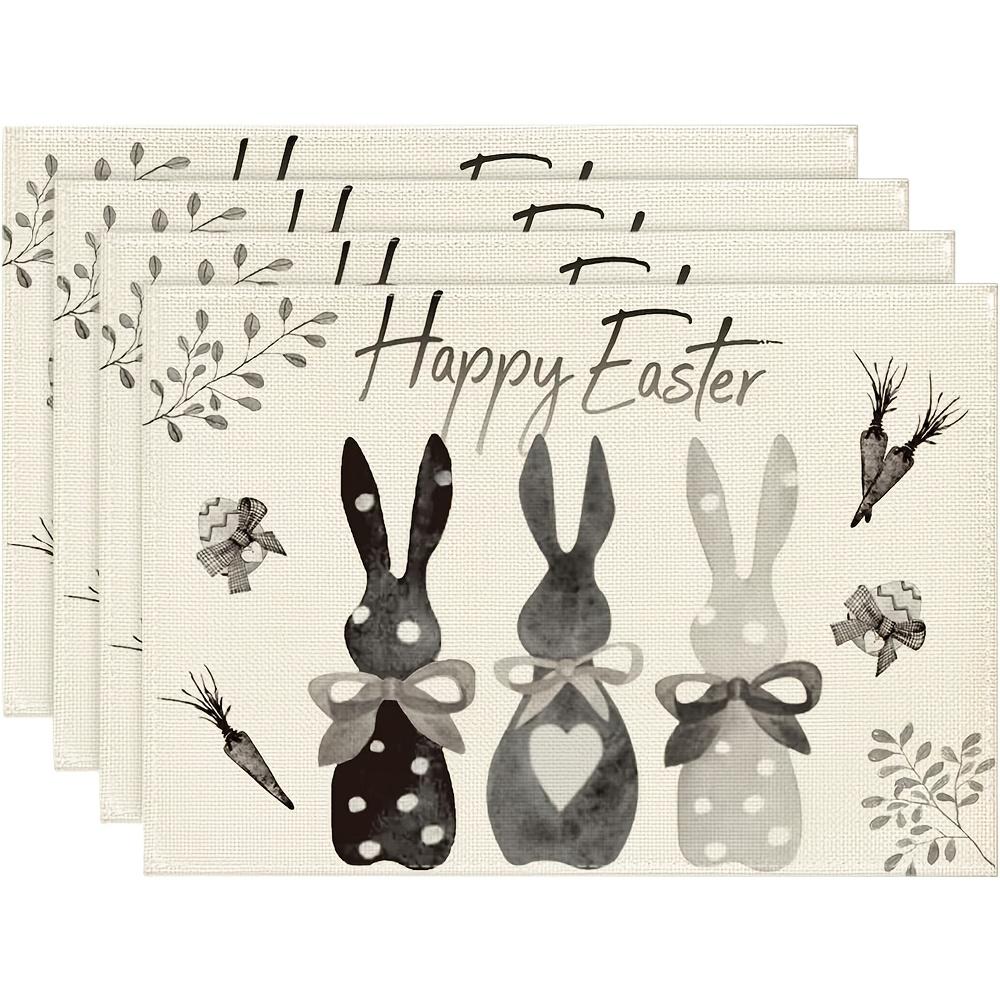 

4-Pack Polyester Placemats, 12x18 Inch, Hand Wash, Woven Rectangular Table Mats with Black Grey White Rabbit Bunny Design, Happy 30x45cm-4PC