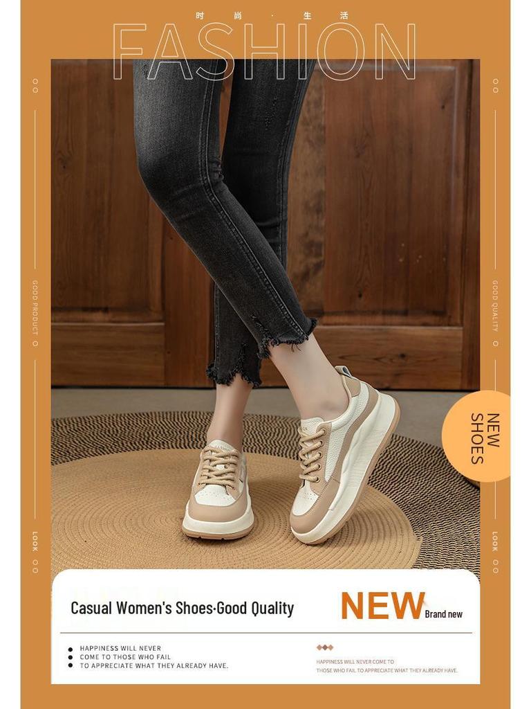 2024 Wiosna Damskie Białe Retro Buty Skate z Grubej Podeszwy ze Skóry Naturalnej - Wszechstronne, Płaskie, Casualowe Sneakersy Plus Size