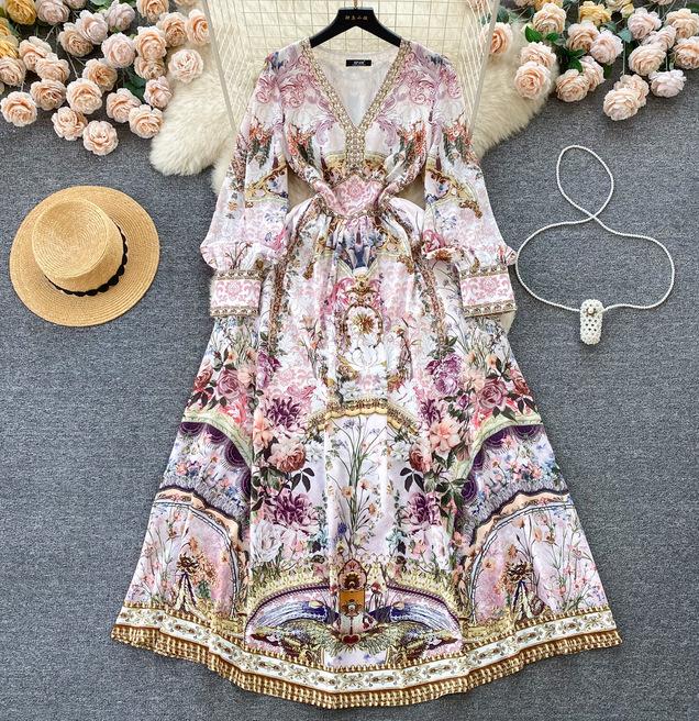 

Французский Двор Винтажный Принт Темперамент V-образный вырез Рукава-пузыри Длинное Облегающее Платье Высококлассное Нишевое Платье Юбка M розовый