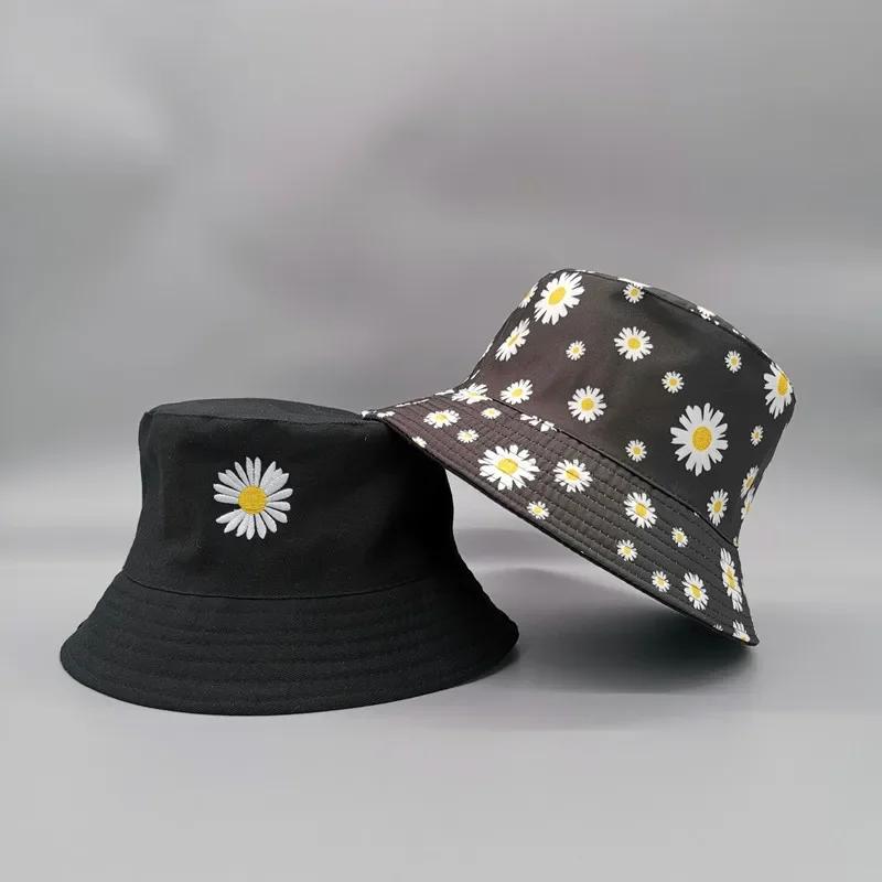 Fashion Fresh Double-sided Daisy Embroidery Summer Daisies Bucket Hat Unisex Fashion Cotton Beach Sun Floral Hat Fisherman Hat