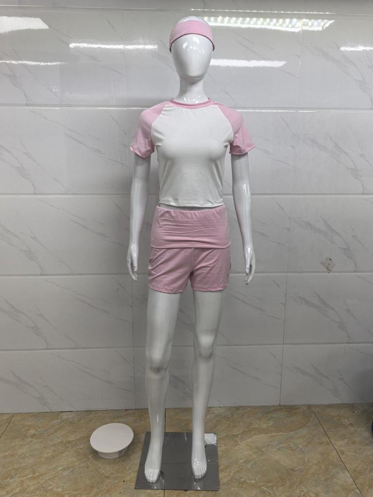 European-American Raglan Color-Block Sports Suit: Short-Sleeve Top, Solid Shorts & Headband