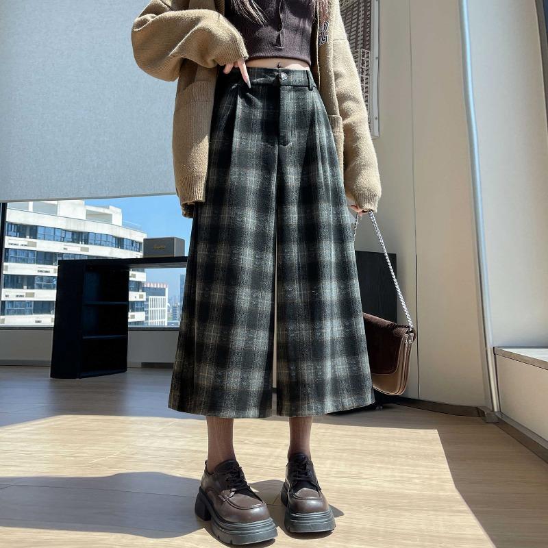 Pantaloni da donna in pile a quadri a gamba larga invernali casual dritti