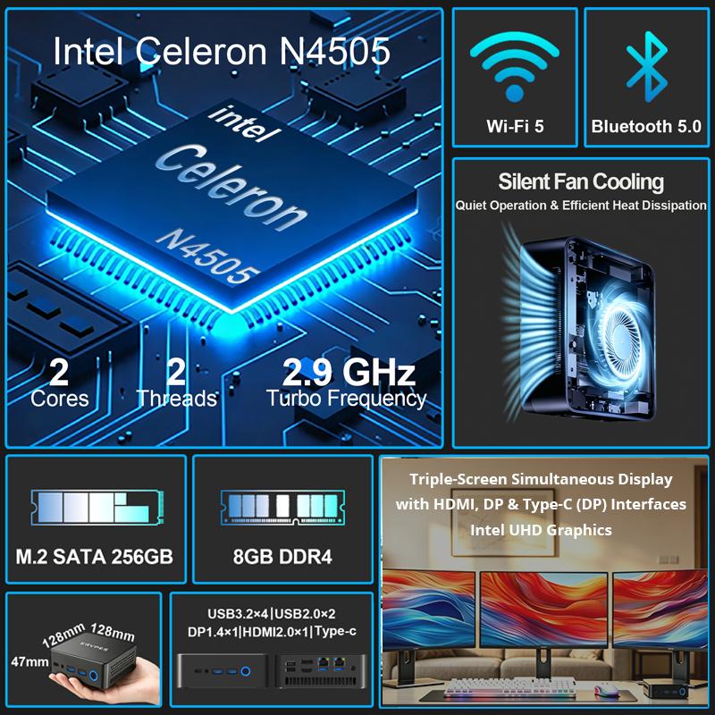 ERVPES E1 Pro Mini PC Intel Celeron N4505 8GB DDR4 256GB SSD Triple Display Dual LAN Silent Mini Desktop Computer