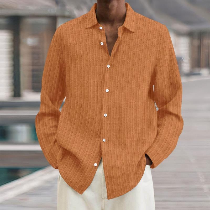 Four Seasons Long Sleeve Lapel Loose Button Cotton and Linen Striped Cardigan Shirt Men's