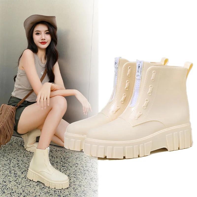 Fashion Women Thick Soled Rain Boots Non-Slip Fashion Outdoor Wear-resistant Rubber Waterproof Shoes Women Jelly Soft Soled Rain Boots