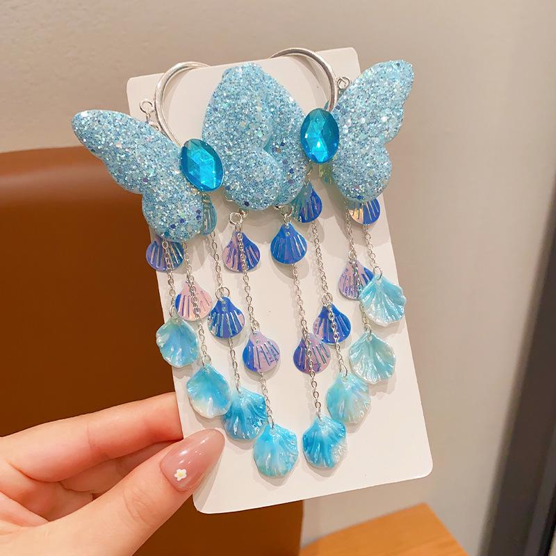 Dětské střapcové náušnice s mořskou pannou: Design mušle s vílou a motýlem pro malé princezny