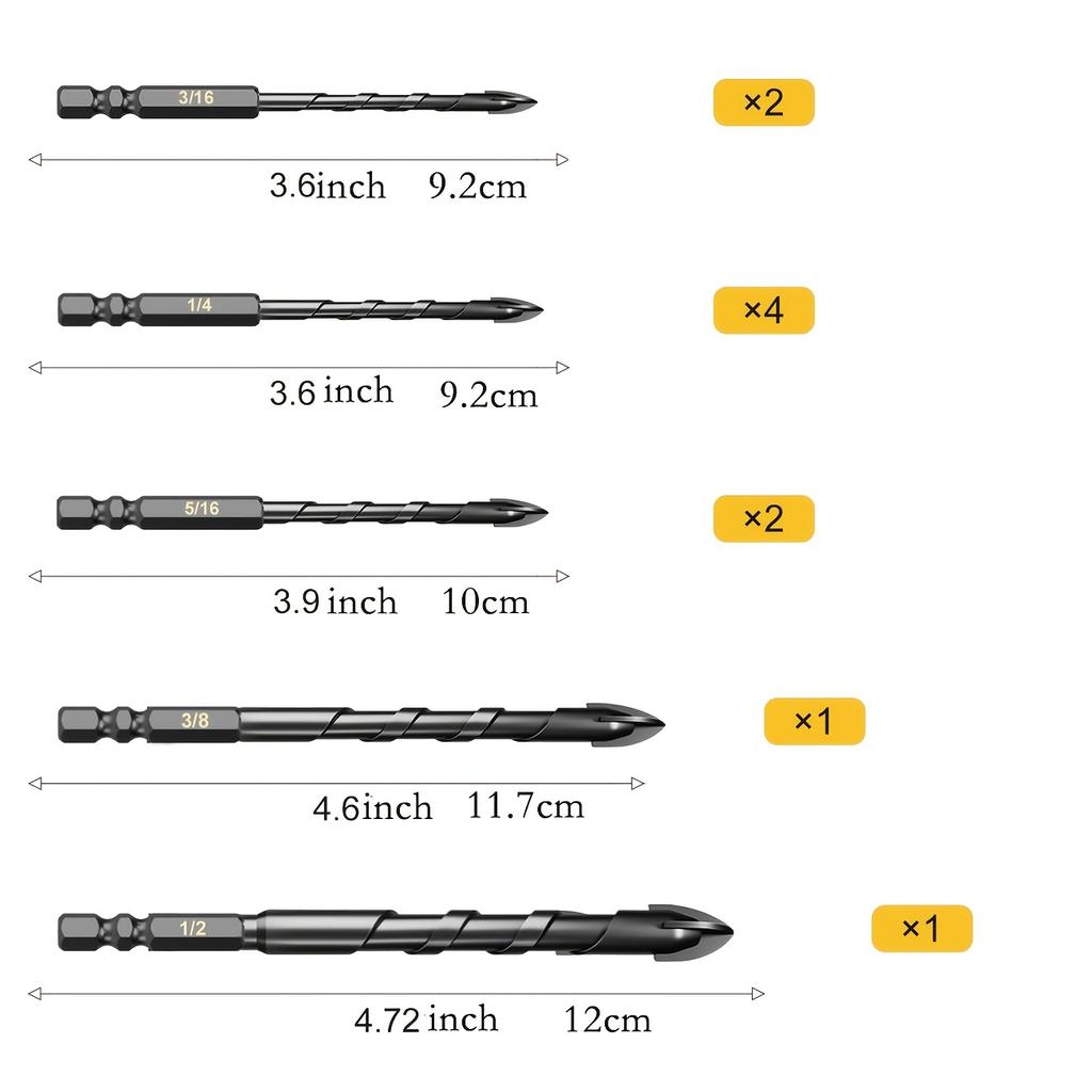 3/16”-1/2 Concrete Drill Bit Set 10PC, Masonry Drill Bits for Brick, Glass, Plastic and Wood, Tungsten Carbide Tip Work