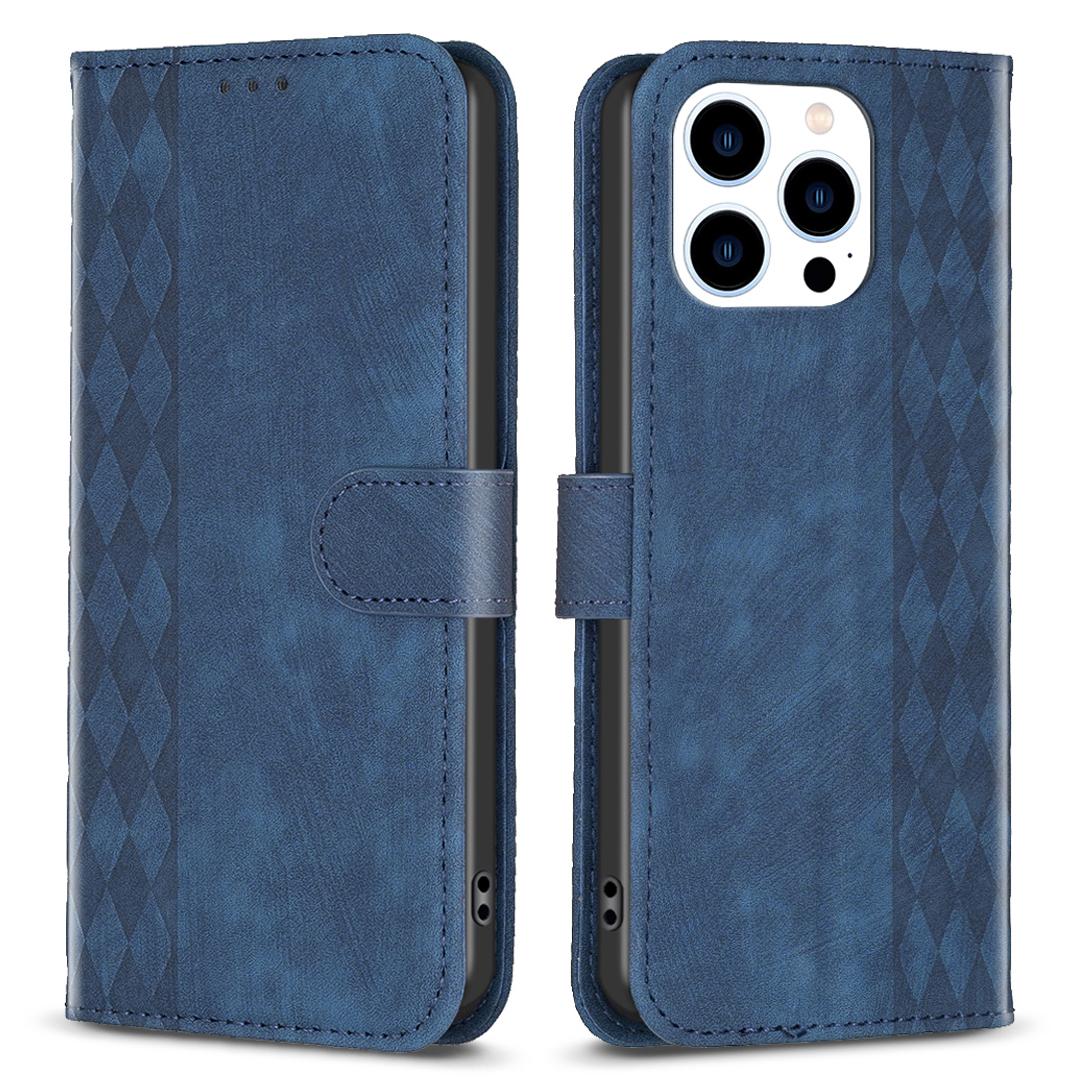 

For iPhone 15 Pro Mobile Phone Stand Case Wallet Imprinted Rhombus PU Leather Anti-Drop Phone Cover Blue