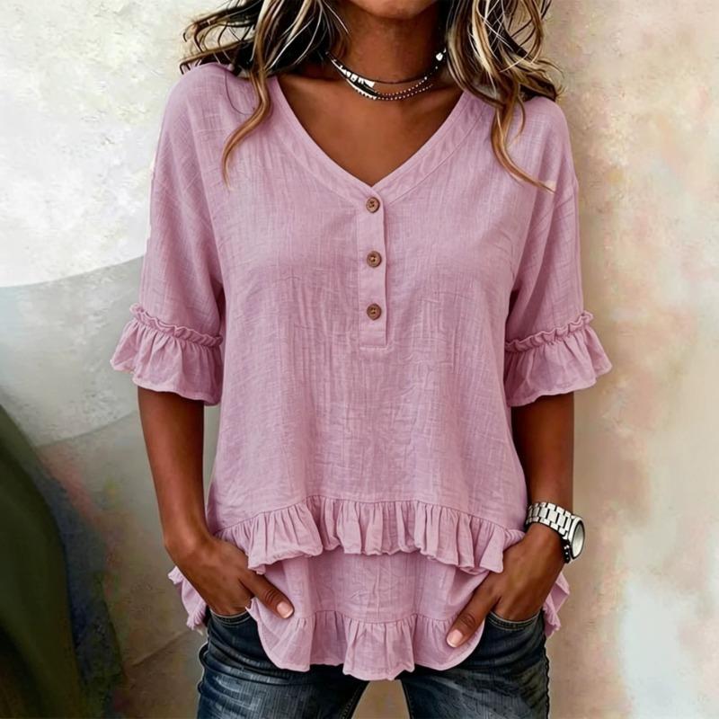 Women Beige V Neck Button Front Ruffle Trim Short Sleeve Casual Tunic Blouse