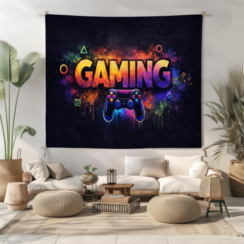 Gaming Tapestry Neon Game Controller Skeleton Wall Hanging Fluorescent UV Black Light Esports Room Home Decoration