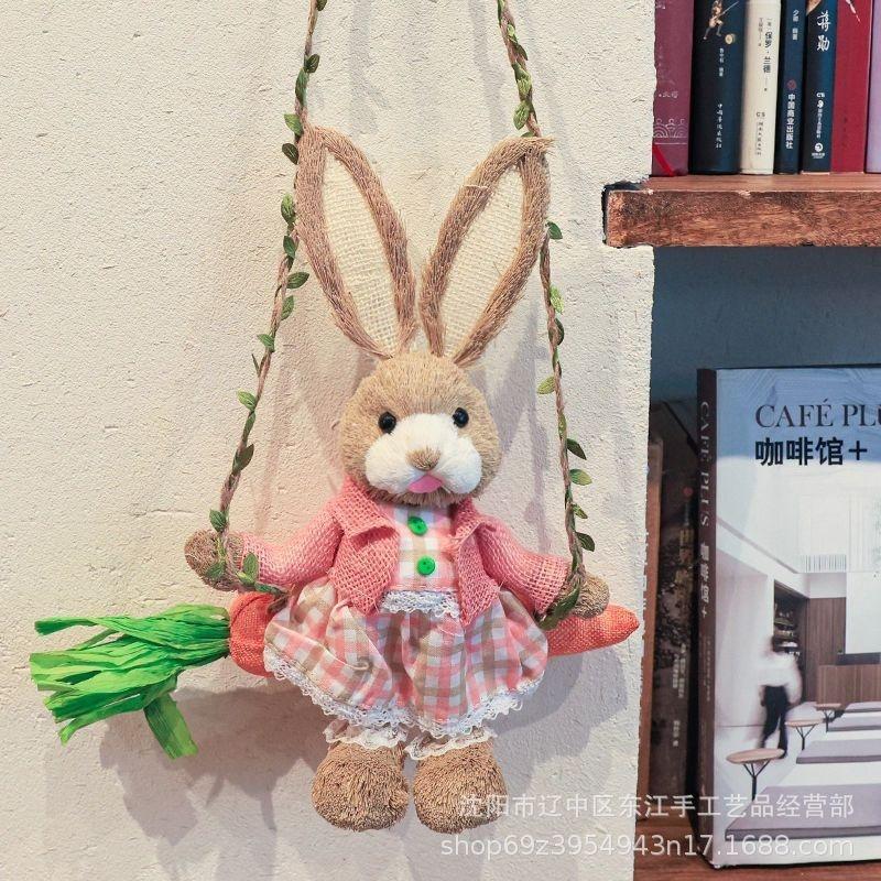 Handmade Woven Straw Rabbit Swing Ornament Rustic Boho Hanging Home Centerpiece Christmas Easter Gift For Kids Couples Cozy