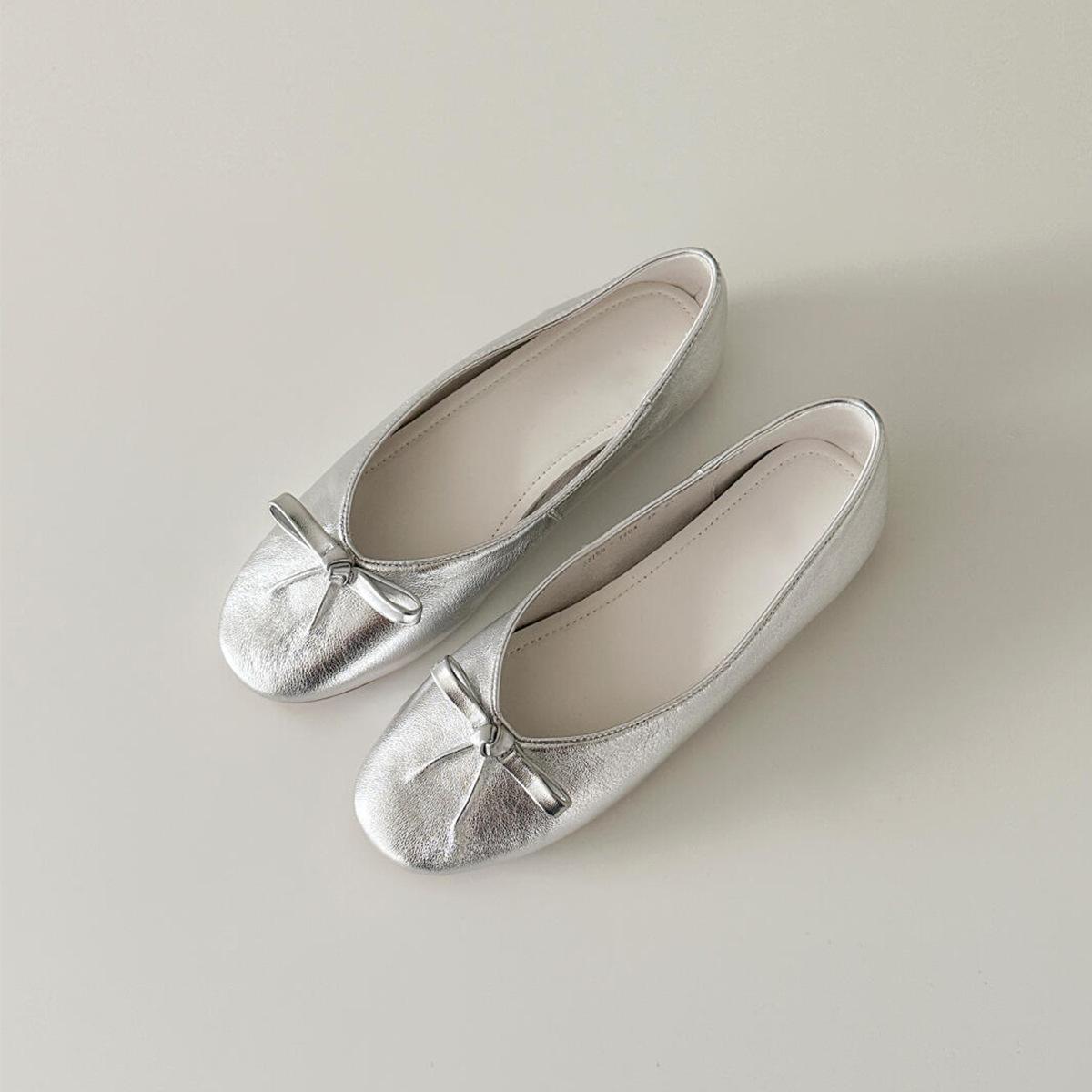 

Sheepskin version~ round head French bow ballet shoes women s shallow mouth one pedal temperament flat Mary Jane single shoes 33