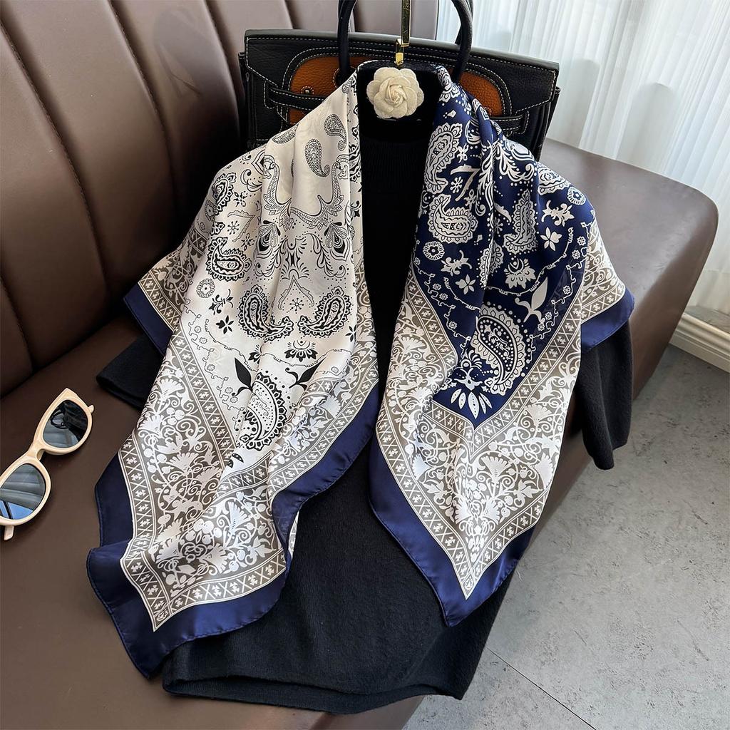 90×90Cm  Satin Shawl Design Flowers Silk Square Women Neck Scarves Wrap Headkerchief Beach Hair Band Women'S Bandana