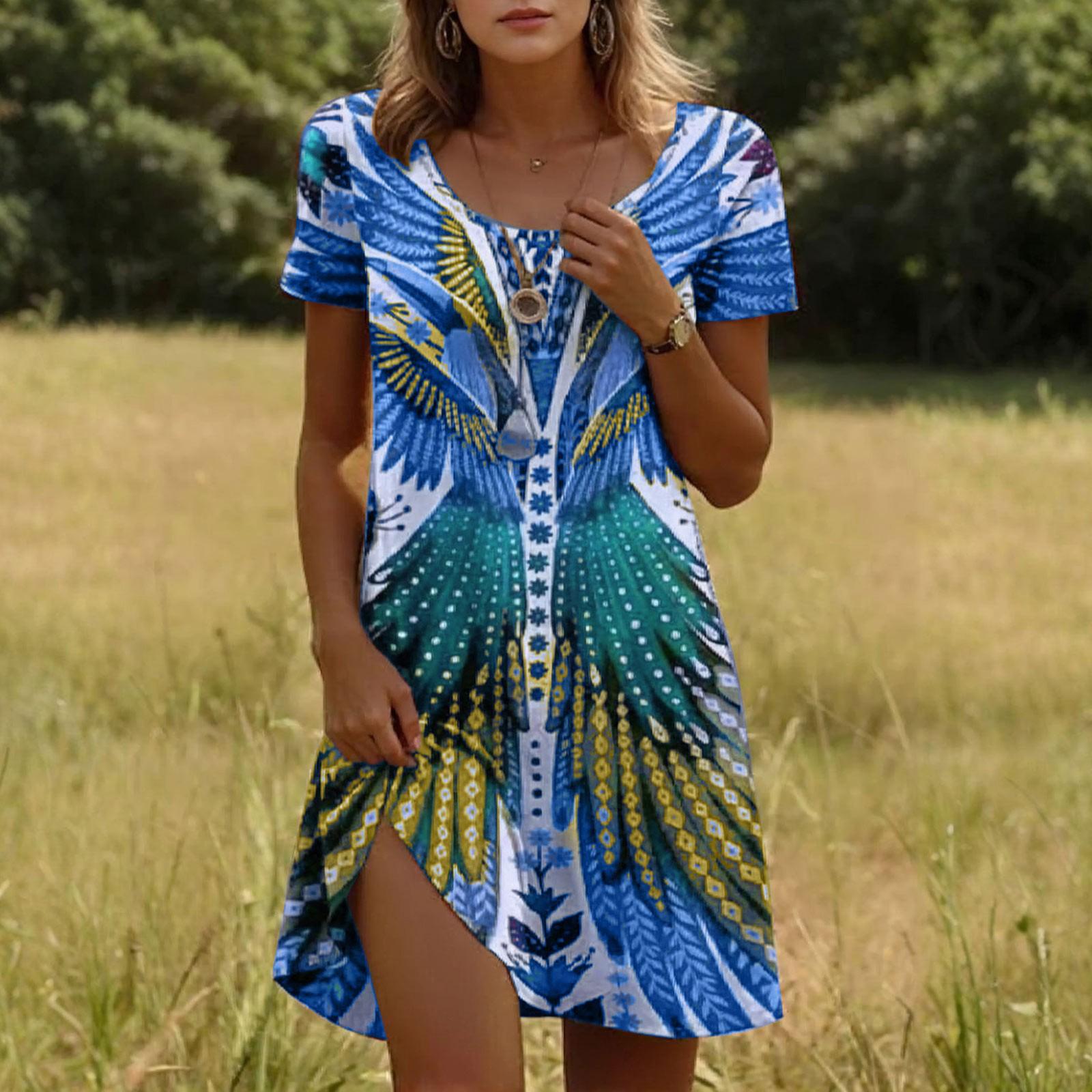 

Женское модное повседневное платье с коротким рукавом и принтом L синий