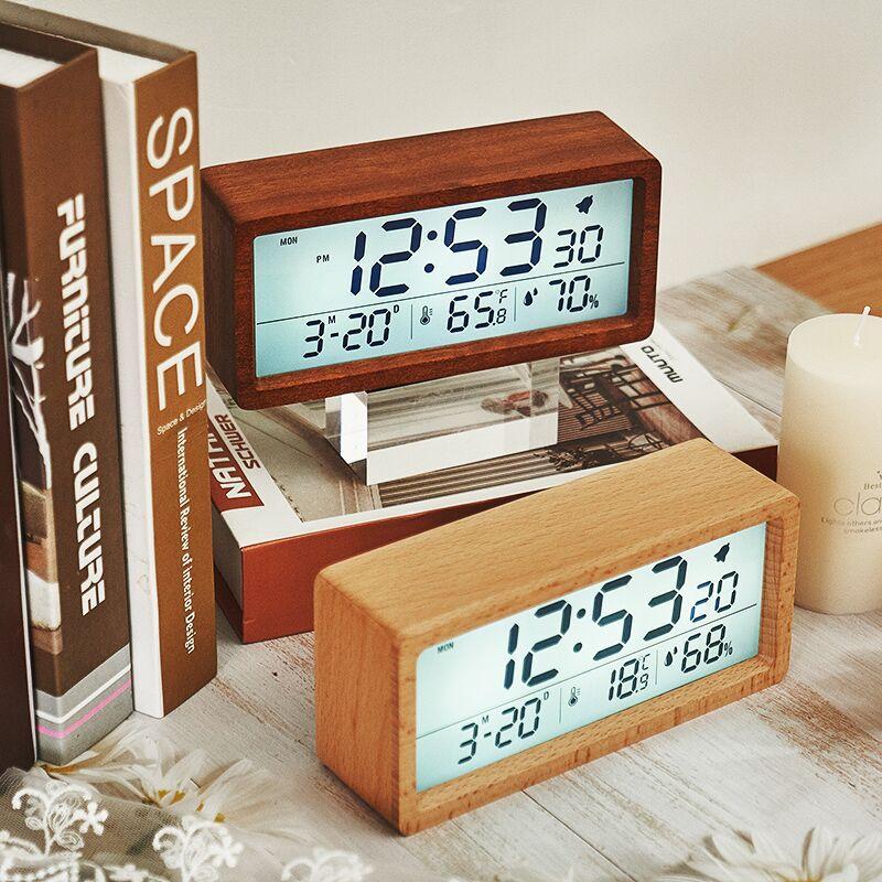 Large Screen Date Temperature LED Wooden Digital Alarm Clock Multifunctional Humidity Backlight 12/24 Hour Snooze Table Clock