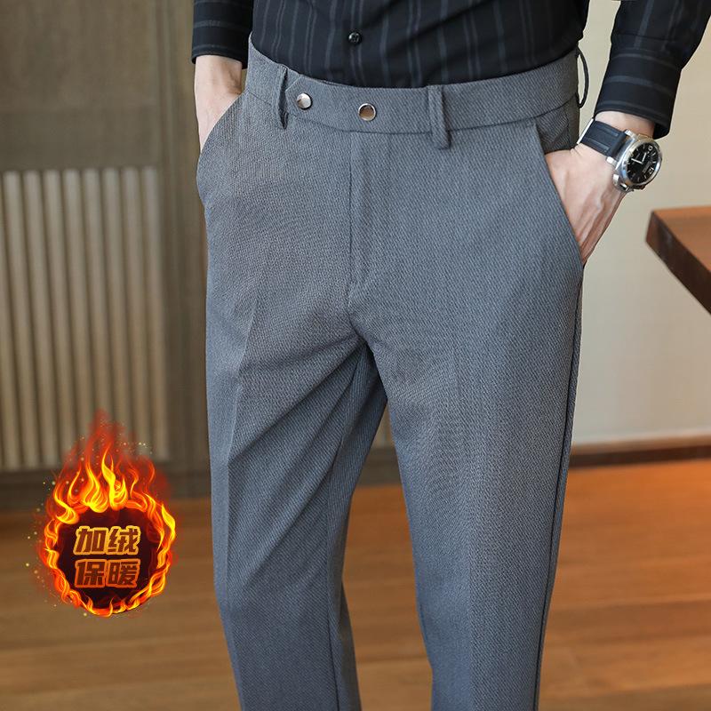 Light Luxury Winter Velvet Men's Casual Trousers Thickened Warm Men's Trousers Small Straight Light Business Men's Trousers