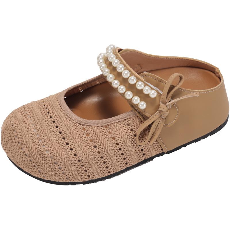 2025 New Summer Thick-soled Heightening Woven Bag Head Half Slippers Women Wear Versatile Mesh Bow Pearl Shoes