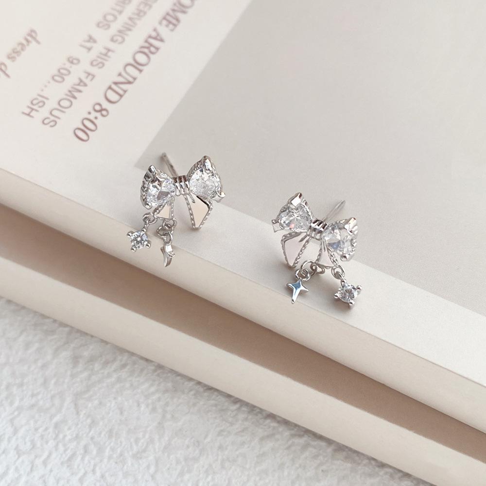 Sterling Silver Zirconia Bow Stud Earrings with Star Tassels - Luxury Niche Design for Women. Sterling Silver
