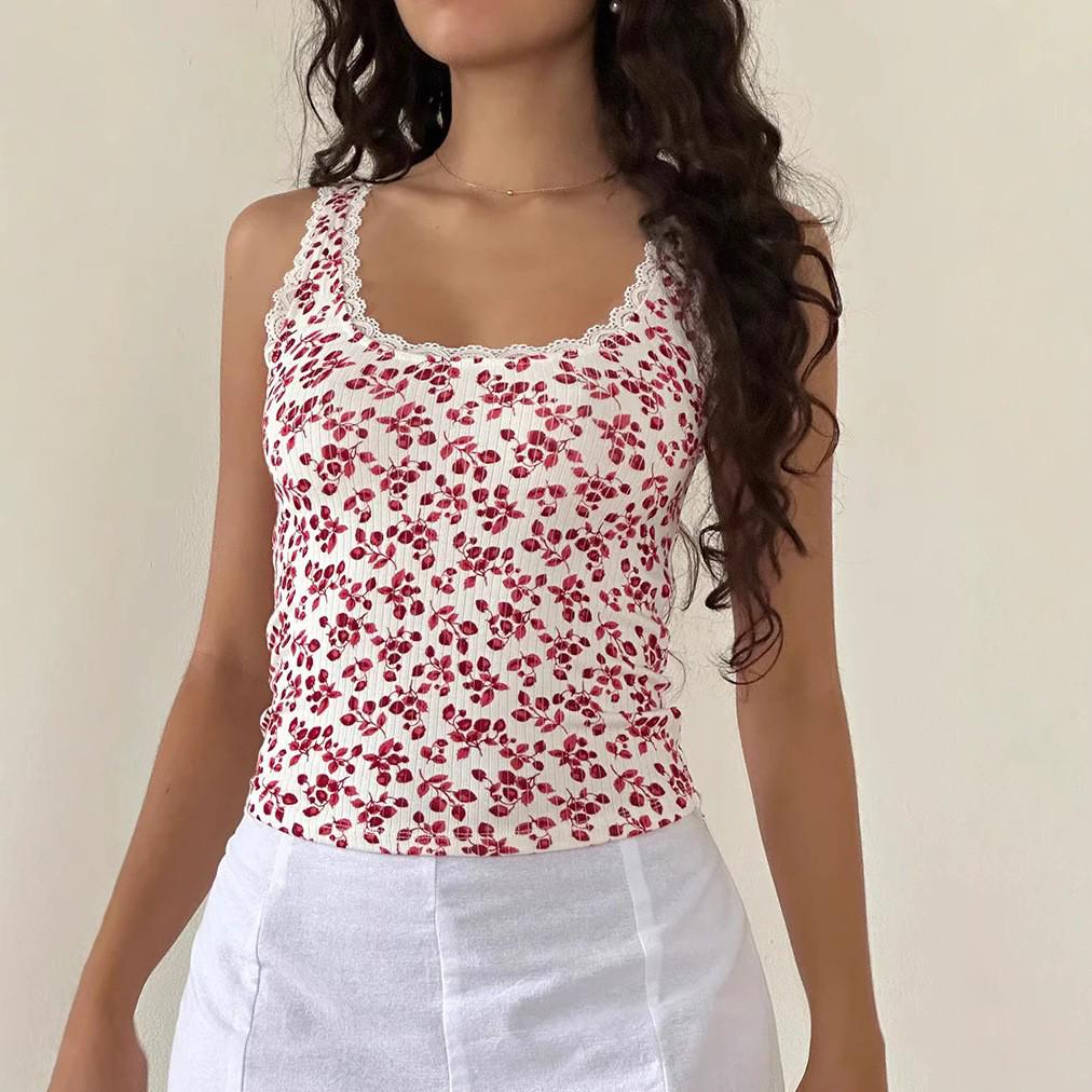 2026 Spring/Summer Women s Floral Lace Trim Vest Top - European American Style Medium