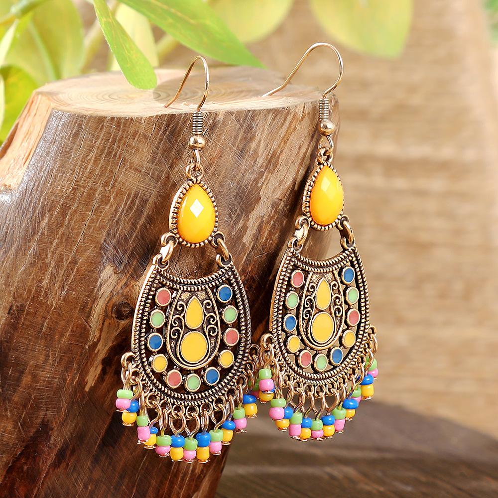 Classic Vintage Bohemian Colorful Drop Earrings for Women Unique Rice Bead Tassel Hollow Dangle Earring Vacation Jewelry Gift