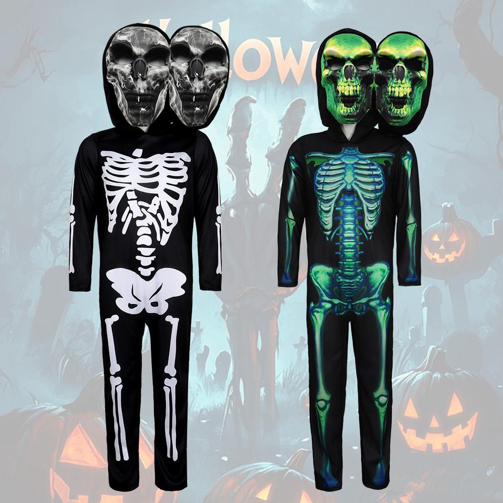 Halloween Doubleheaded Skull Cosplay Costume For Kids Kids Stage Performance Horror Makeup Outfit