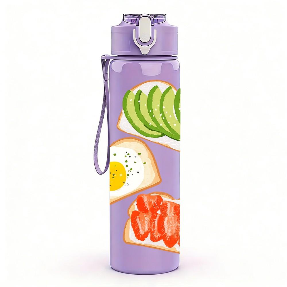 1PC Toast Egg Breakfast Print 750ml Color Plastic Sports Water Bottle Leakproof Flip Straw Lid Suitable for Sports Office Home Use