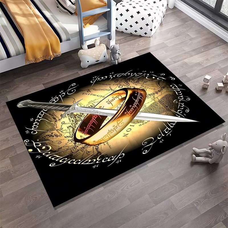 "Fantasy Style Carpet with Ring, Sword, and Elvish Text Motif" Suitable for Use As an Anti-slip for Living Room Bedroom Sofas
