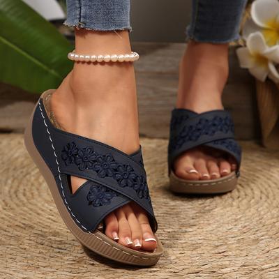 2025 Foreign Trade Thick Bottom Hollow Cross Slippers Women's Slope Heel Embroidered Beach Fish Mouth Side Empty Open Toe Cold Slippers