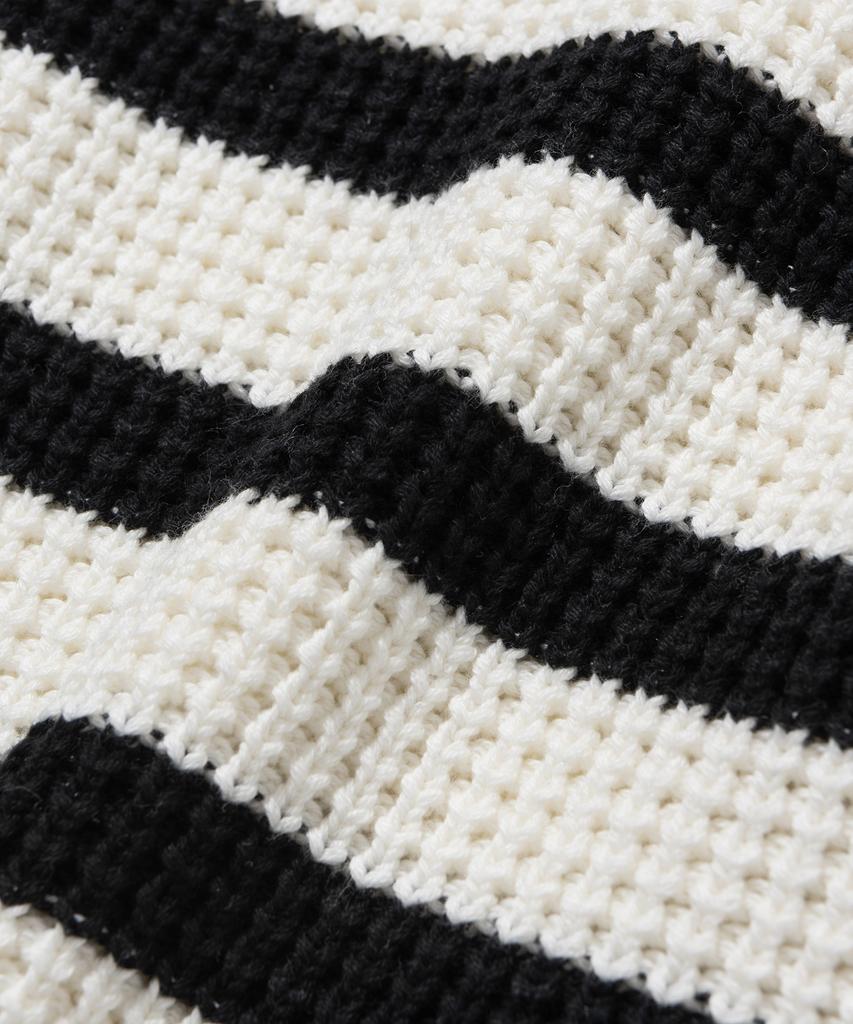 KNITTED Soft Cotton Heavy Waffle Half Zip Knit Stripe Ivory