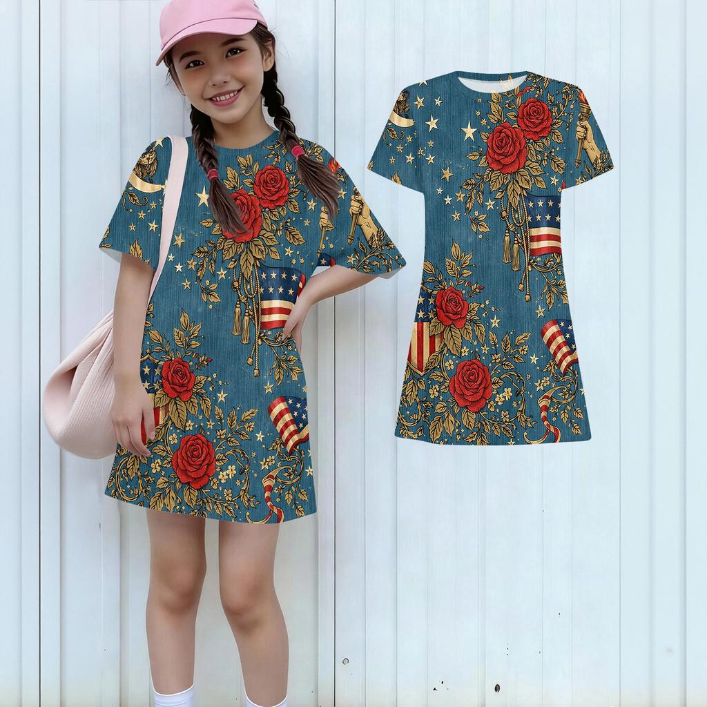 Girls Independence Day Print Casual Dress Kids Loose Round Neck Short Sleeve Thin Sundress