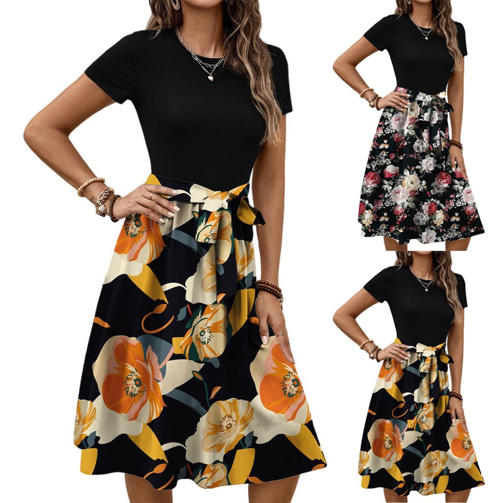 Dámské módní retro vzorované tištěné barevně blokované šaty