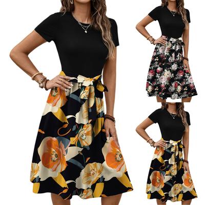 Women's Fashionable Retro Patterned Printing Color Blocked Belt Casual Dress