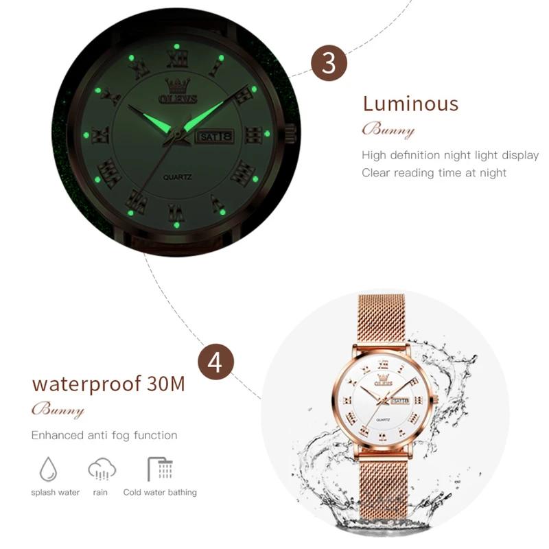 OLEVS Wasserdichte Quarzuhr für Frauen mit Doppelkalender, Milanese-Stahlarmband, Damen-Handuhr, luxuriöse Original-Kleideruhren