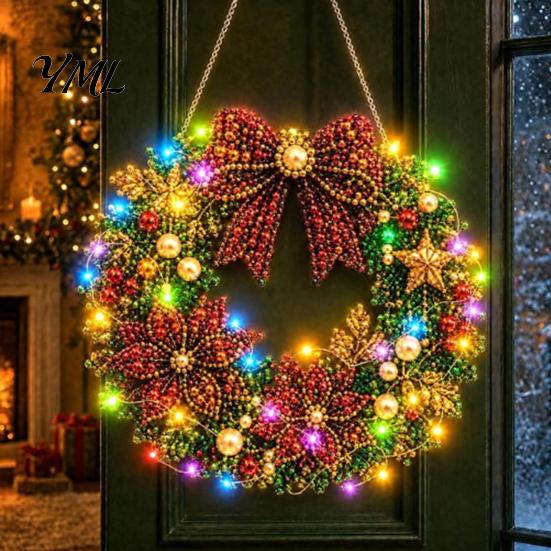 DIY Heimurlaubsdekoration Acryl Weihnachten Kunstperlen Aufhänge-Set, Beleuchteter Kranz 3D Perlen Bastelmalerei Set Kit mit LED-Lichterkette,
